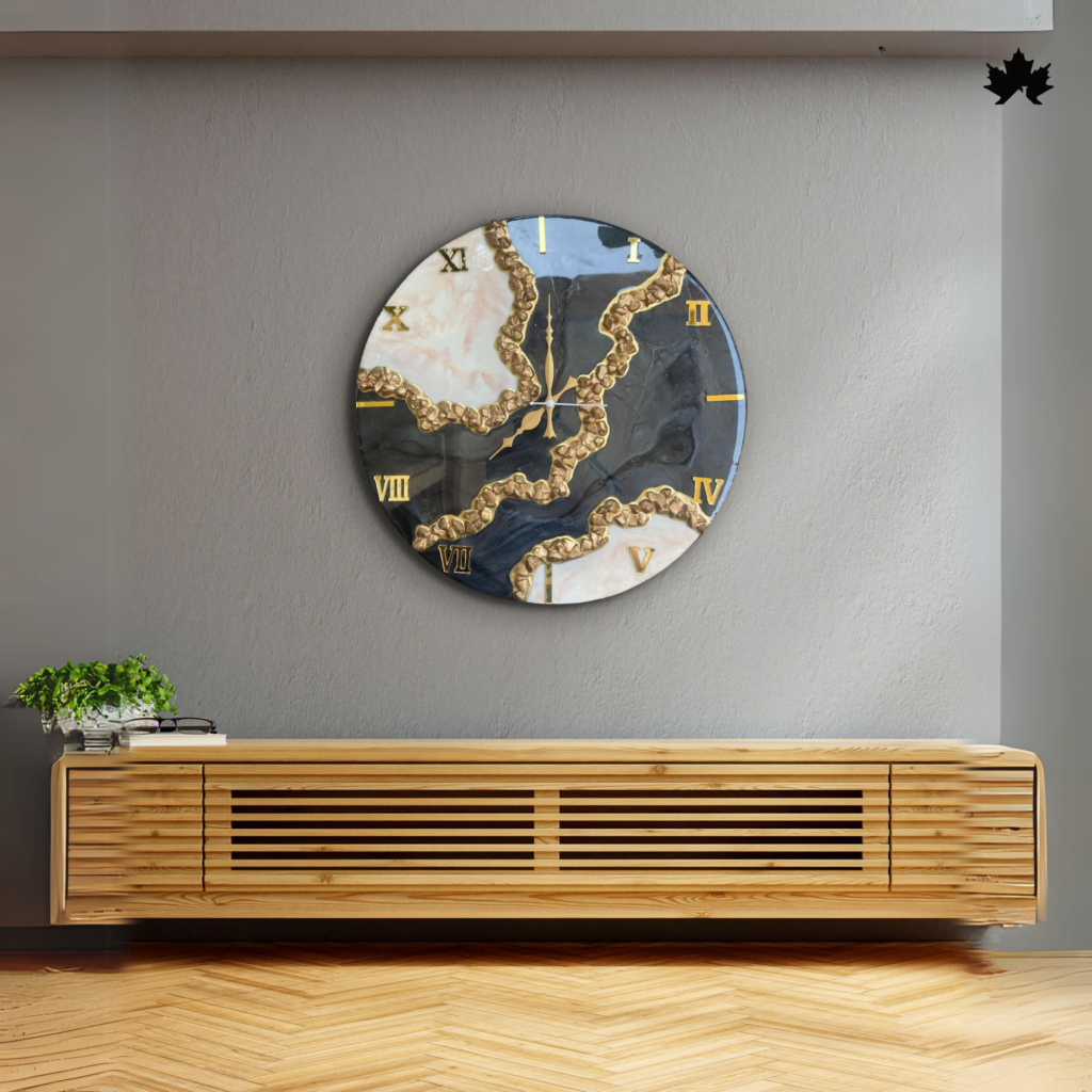 Grand Marble Elegance - Minimalist Wall Clock by Fankaarlok, showcasing a sleek marble design with luxurious gold veins and bold Roman numerals, perfectly suited for modern interior spaces
