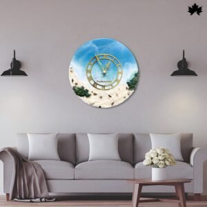Coastal Breeze - Luxury Wall Clock | Fankaarlok: A contemporary wall clock featuring a tranquil coastal design with golden hour hands, set against a backdrop of soft blue skies and creamy sand textures, perfectly suited for a modern living room setting.
