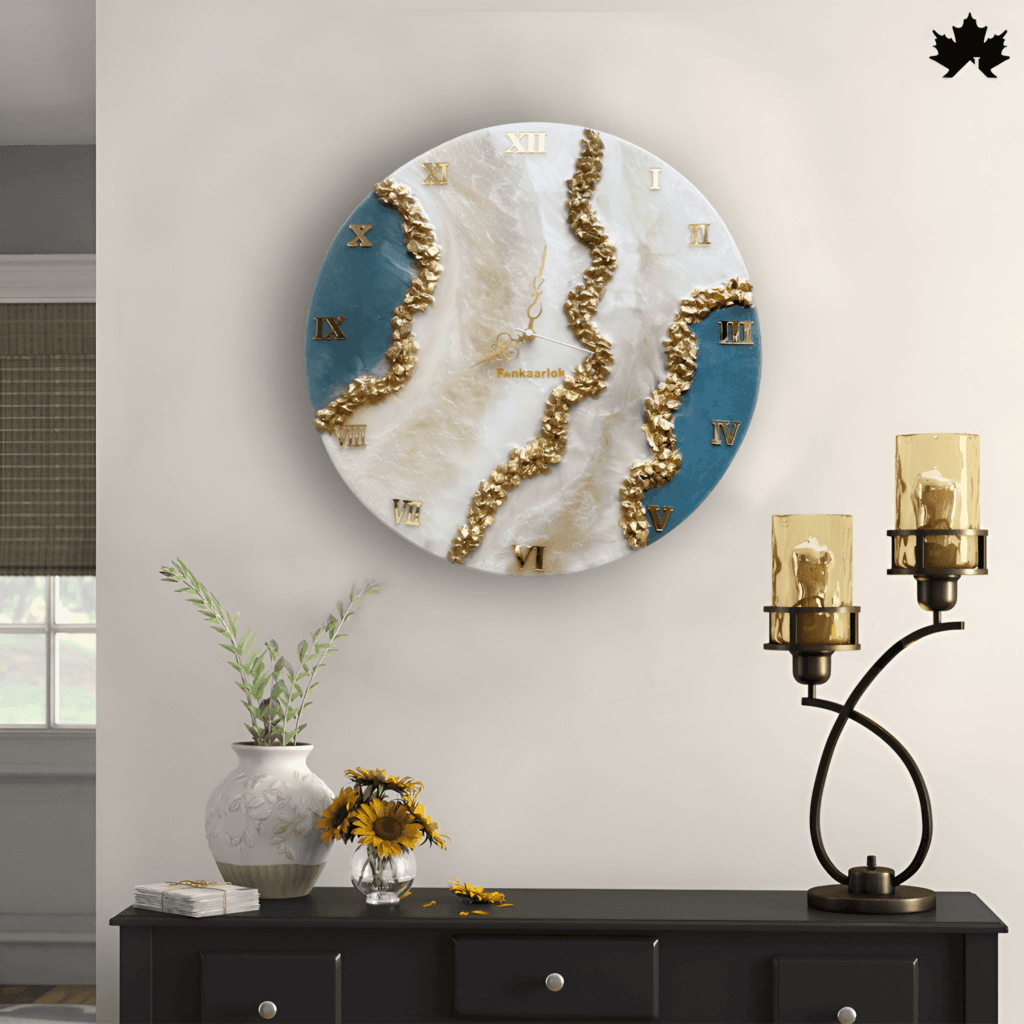 Golden Serpentine - Luxurious Handcrafted Art Wall Clock by Fankaarlok, featuring an elegant golden swirl design on a soothing blue background, accented with Roman numerals for a classic touch.