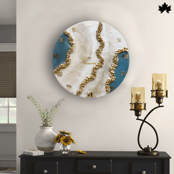 Golden Serpentine - Luxurious Handcrafted Art Wall Clock by Fankaarlok, featuring an elegant golden swirl design on a soothing blue background, accented with Roman numerals for a classic touch.