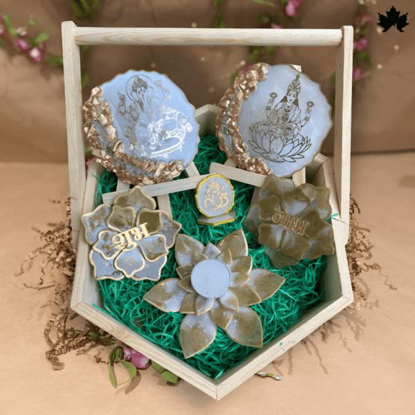 Celestial Harmony Pooja Set – Ganesh-Laxmi Plates, Shubh Laabh, Diya Holder in a Decorative Tray
