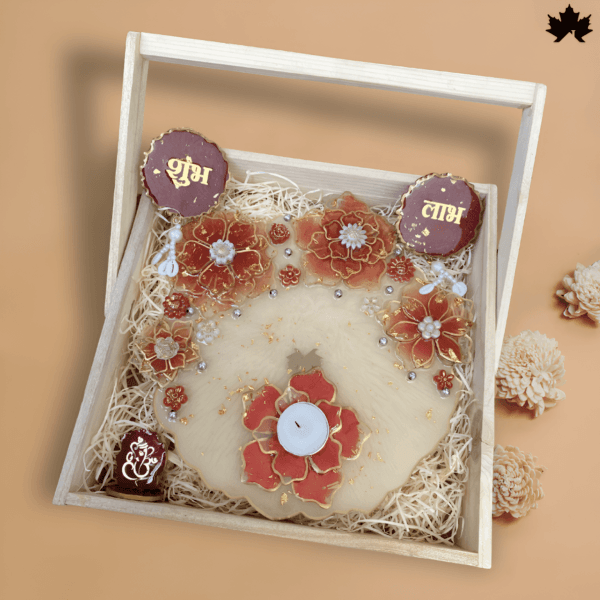 Grand Floral Harmony Combo Set: Pooja Thali, Shubh Laabh, Diya & Ganesh Idol