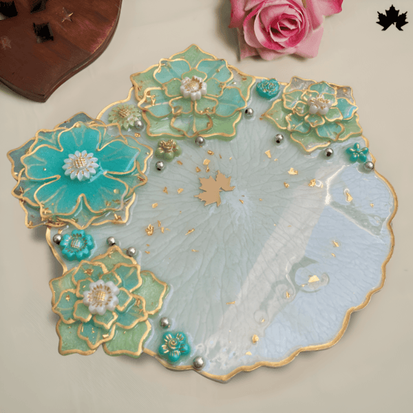 Serene Lotus Pooja Thali – Aqua and Gold Worship Plate
