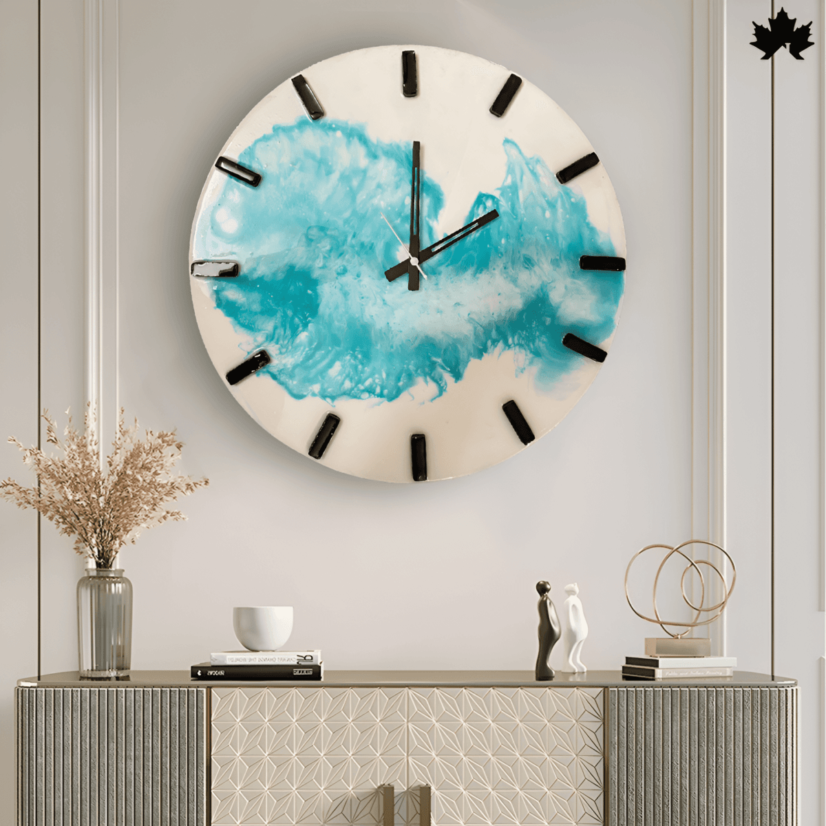 The Azure Wave - Modern Wall Clock features an artistic splash of blue resin on a clean white background, accentuated by minimalist black clock hands and bold numerals. This clock effortlessly combines functional timekeeping with contemporary wall art, making it a striking addition to any modern living space.